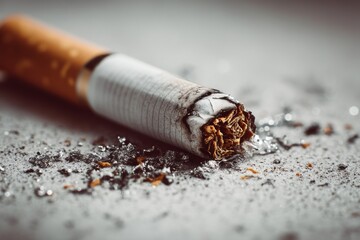 Close-up of an Extinguished Cigarette with Filter and Tobacco Ashes, Depicting Smoking-Related Themes and Effects on Health