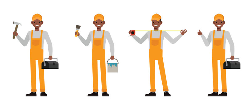 General maintenance and handyman service character vector illustration design set. Men holding hammer, paint bucket and tape measure. - Powered by Adobe