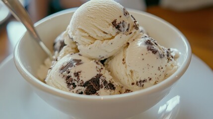 A close up image of ice cream in a white bowl