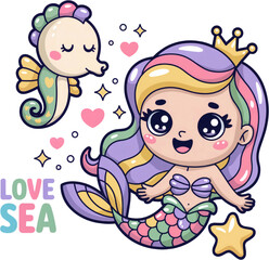 A cute kawaii-style digital illustration of a mermaid princess with pastel-colored and seahorse. isolated on white transparent background