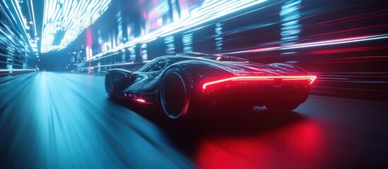 Obraz premium Futuristic sports car in neon-lit city street