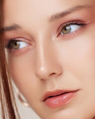 Naklejka premium Elegant close-up portrait of a young Caucasian woman with smooth skin, green eyes, and glossy lips. Perfect image for beauty product ads, skincare brands, and high-end cosmetics.
