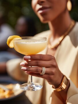 Elegant Woman with Cocktail, Sparkling Jewelry, and Stylish Celebration