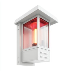 Modern white outdoor wall lantern with a glowing bulb and red-tinted glass, mounted on a plain background.