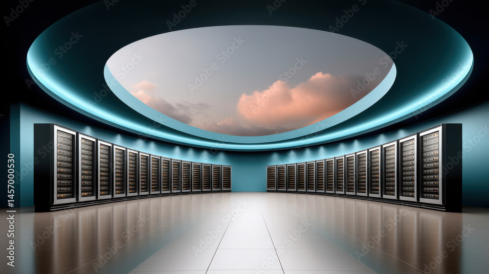 Poster modern data center with rows of servers under skylight, reflecting cybersecurity technology and clou