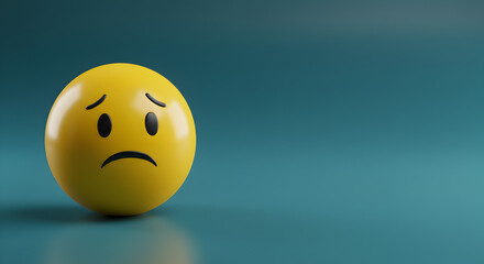 Fototapeta premium Digitally Rendered Yellow Sad Face Emoji on Gradient Teal Background Symbolizing Digital Melancholy