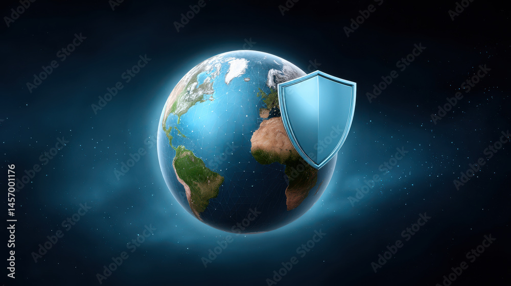 Poster cybersecurity concept with earth protected by digital shield symbolizing global data security and sa