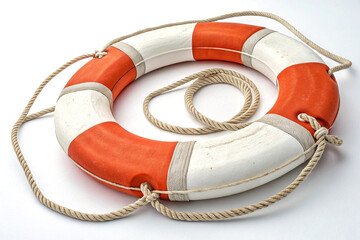 Orange and White Life Preserver with Rope on White Background