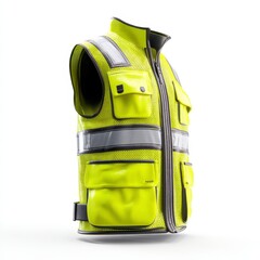 High-visibility yellow safety vest with reflective strips and multiple pockets, designed for enhanced visibility and utility in work environments.