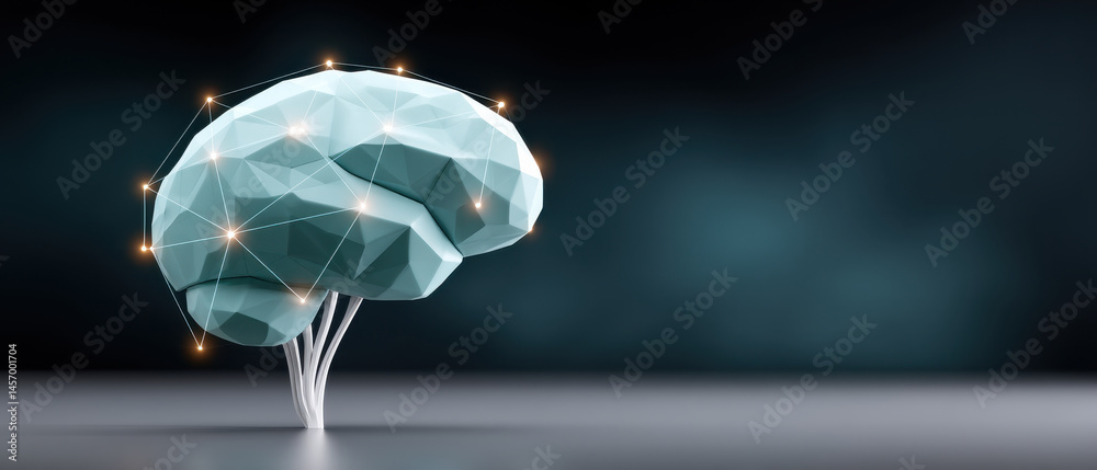 Poster cybersecurity concept with digital brain artificial intelligence and glowing network nodes on dark b