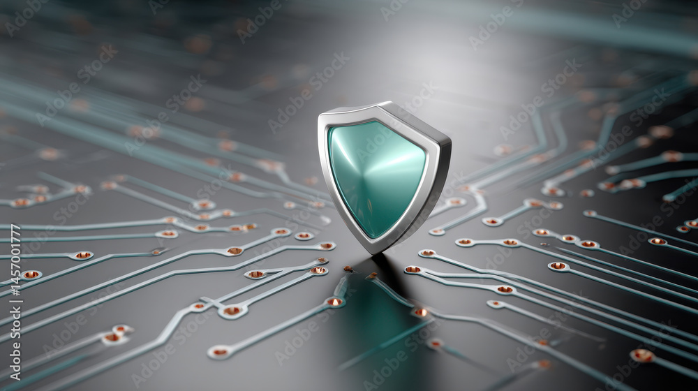 Poster cybersecurity shield stands on digital circuit board symbolizing protection and secure technology in