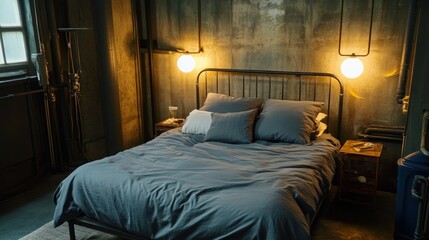 A Cozy Bedroom Features Simple Bedding And Ambient Lighting