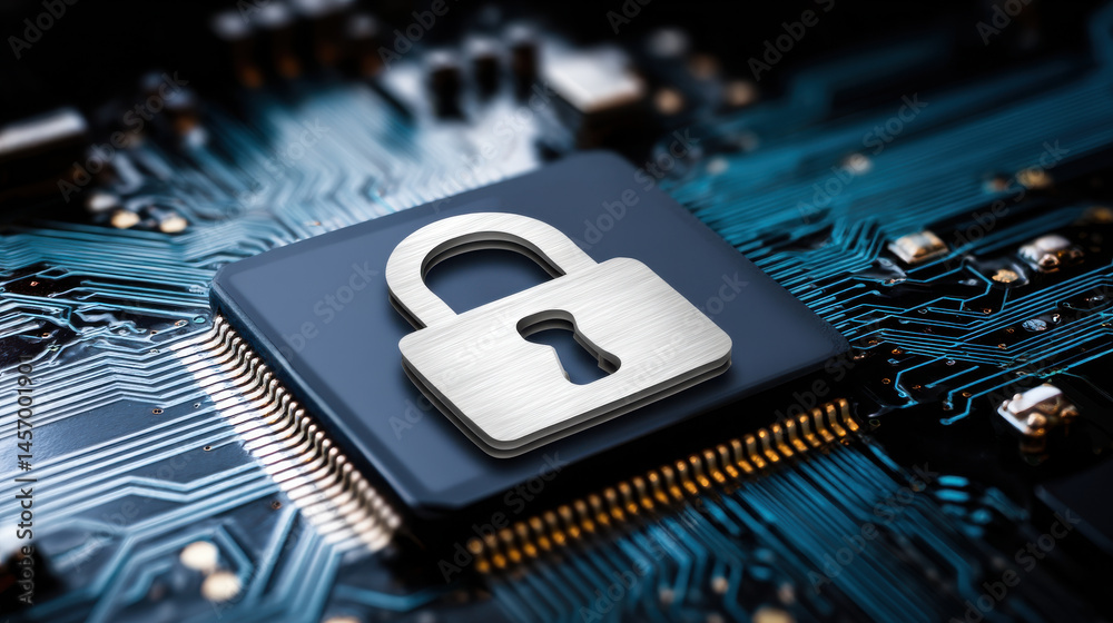 Poster cybersecurity concept with metallic padlock symbol on computer chip representing secure data protect