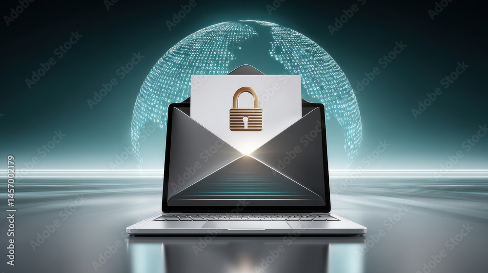 Poster cybersecurity concept with digital lock symbol on laptop and envelope, representing secure email com