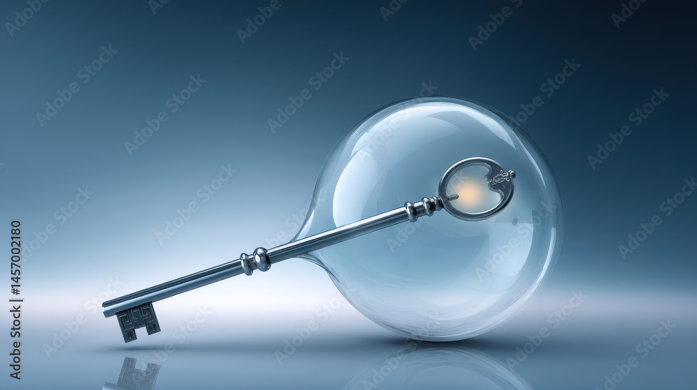 Poster cybersecurity concept with metallic key inside transparent bubble symbolizing data protection and se