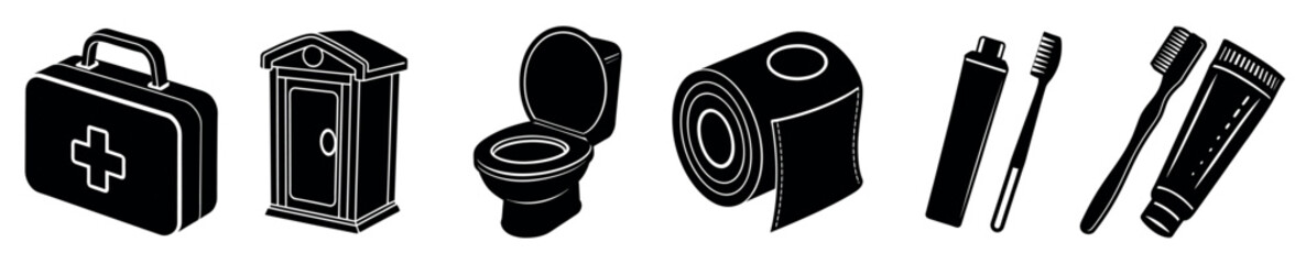 a set of Hygiene & First Aid: Portable toilet or toilet seat, Toothbrush & toothpaste, Toilet paper, First-aid kit