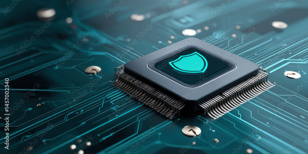 Poster cybersecurity technology concept with secure microchip and shield icon on circuit board background f