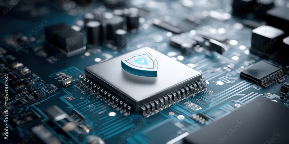 Poster cybersecurity technology concept with secure microchip and shield symbol on blue circuit board backg