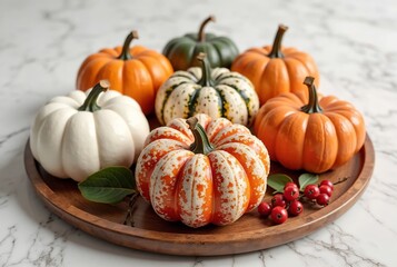 Wooden Tray with a Decorative Autumn Arrangement of Small Pumpkins in White, Orange, Green, and Speckled Patterns, Accompanied by Green Leaves and Red Berries on a Marble Surface
