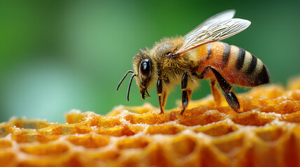 Close-up of a bee on honeycomb, showcasing intricate details of nature and vibrant colors