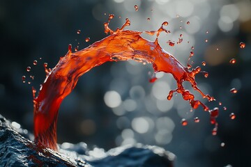 Red liquid splashing dramatically, forming an arc over dark rocks with bokeh background.