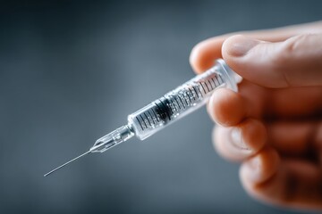 Syringe with solution held in hand, ready for injection, medication, healthcare, treatment, and immunizations on muted background