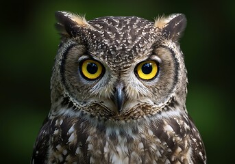 Fototapeta premium Close-up of a majestic owl with striking yellow eyes and detailed feathers against a dark green background, showcasing its intense presence