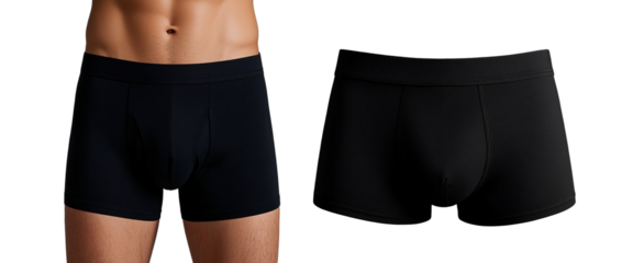 Men's underwear, black boxer briefs, comfortable fit, elastic waistband, form-fitting, athletic wear, minimalist design, PNG file isolated on transparent background,