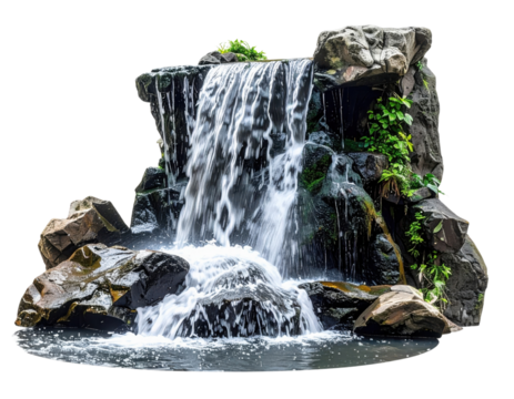 A small cascading waterfall flows over rugged rocks surrounded by green plants.