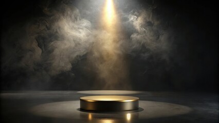A Dramatic Stage Setting with a Circular Pedestal Illuminated by a Spotlight in a Smoky Atmosphere
