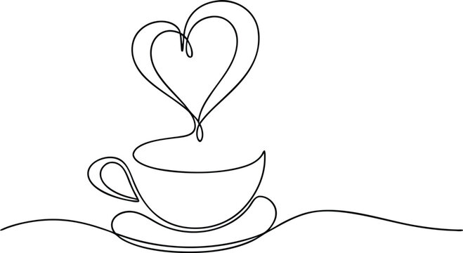 Naklejki Continuous one line drawing of a coffee cup with heart-shaped steam, cozy and warm minimal design on a clean white background  
