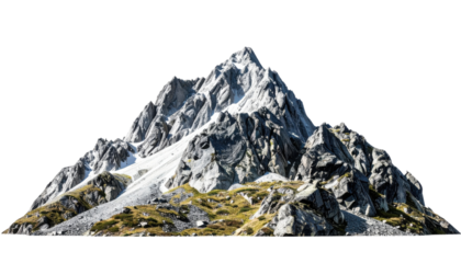 A towering, rugged mountain peak with rocky slopes and patches of sparse vegetation.