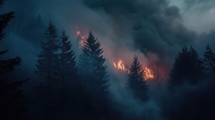 Forest fire at night, dramatic smoke and flames.