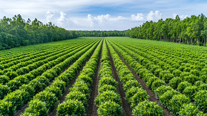 Lush green fields stretch across landscape, showcasing rows of healthy crops bright blue sky. vibrant greenery evokes sense