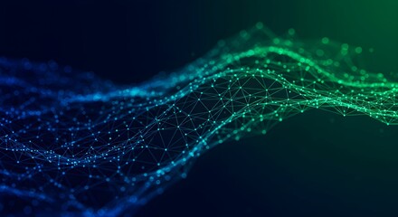 Futuristic digital wave of interconnected glowing nodes and lines, forming a complex network of points in space. 