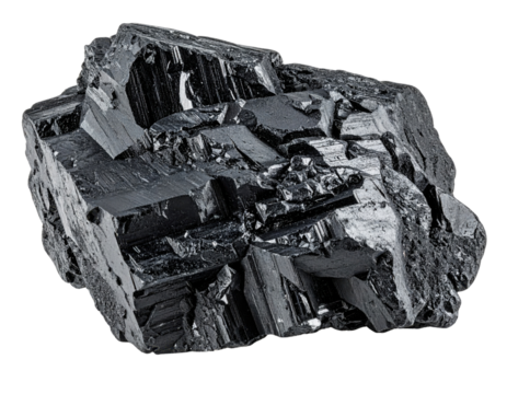A shiny, black, irregularly shaped mineral specimen with a crystalline structure.