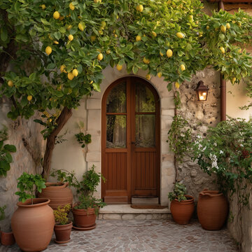 Charming Mediterranean House Old Doorway with A Lemon Tree and Traditional Terracotta Pots with Flowers in the Rustic courtyard