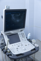 Advanced Ultrasound Machine in a Clinical Setting, Equipped for Detailed Imaging and Diagnostics of Internal Structures, Highlighting Patient-Centered Care and Technological Advancement