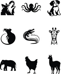 Animal icons minimalist design black and white silhouettes vector art illustrations