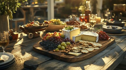 Fototapeta premium Rustic outdoor table laden with cheese, fruit, crackers, and wine, bathed in golden sunlight.