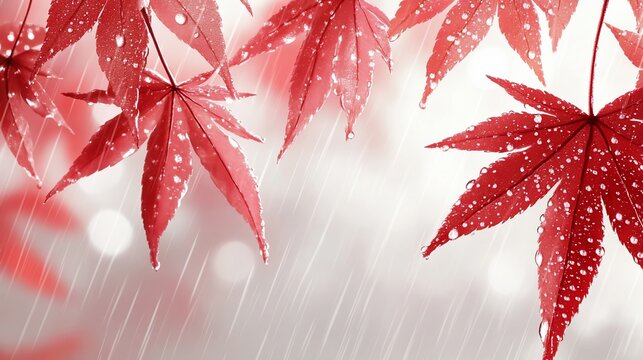 Rain-covered red maple leaves, bokeh background.