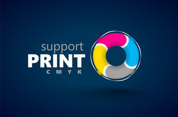 Support Print. Logo Printing Theme. Cmyk Color Lifebuoy. Template design vector. Black background
