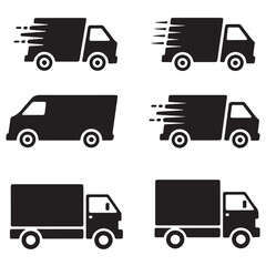 set of black first shipping delivery truck icon vector silhouettes