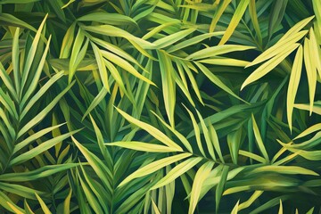 Obraz premium Lush tropical foliage pattern with vibrant greens and yellows.