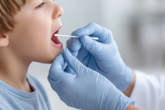 medical professional adult taking dna test saliva sample to a kid