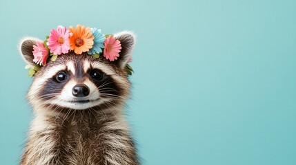 Adorable raccoon wearing a flower crown against a light blue background.