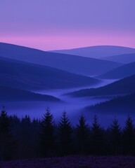 Obraz premium Misty mountains, purple sunrise, evergreen trees in valley