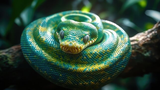 Green Tree Python Coiled on Branch. (1)