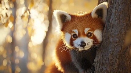 Adorable red panda peering from behind a tree trunk in a sunlit autumn forest.