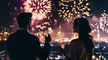 Couple silhouetted against a vibrant fireworks display, toasting with champagne.